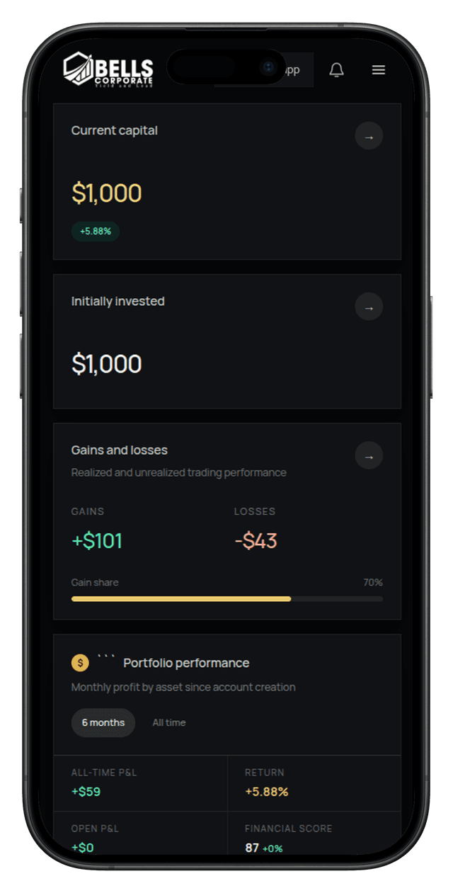 Bells Corporate investor portal on an iPhone
